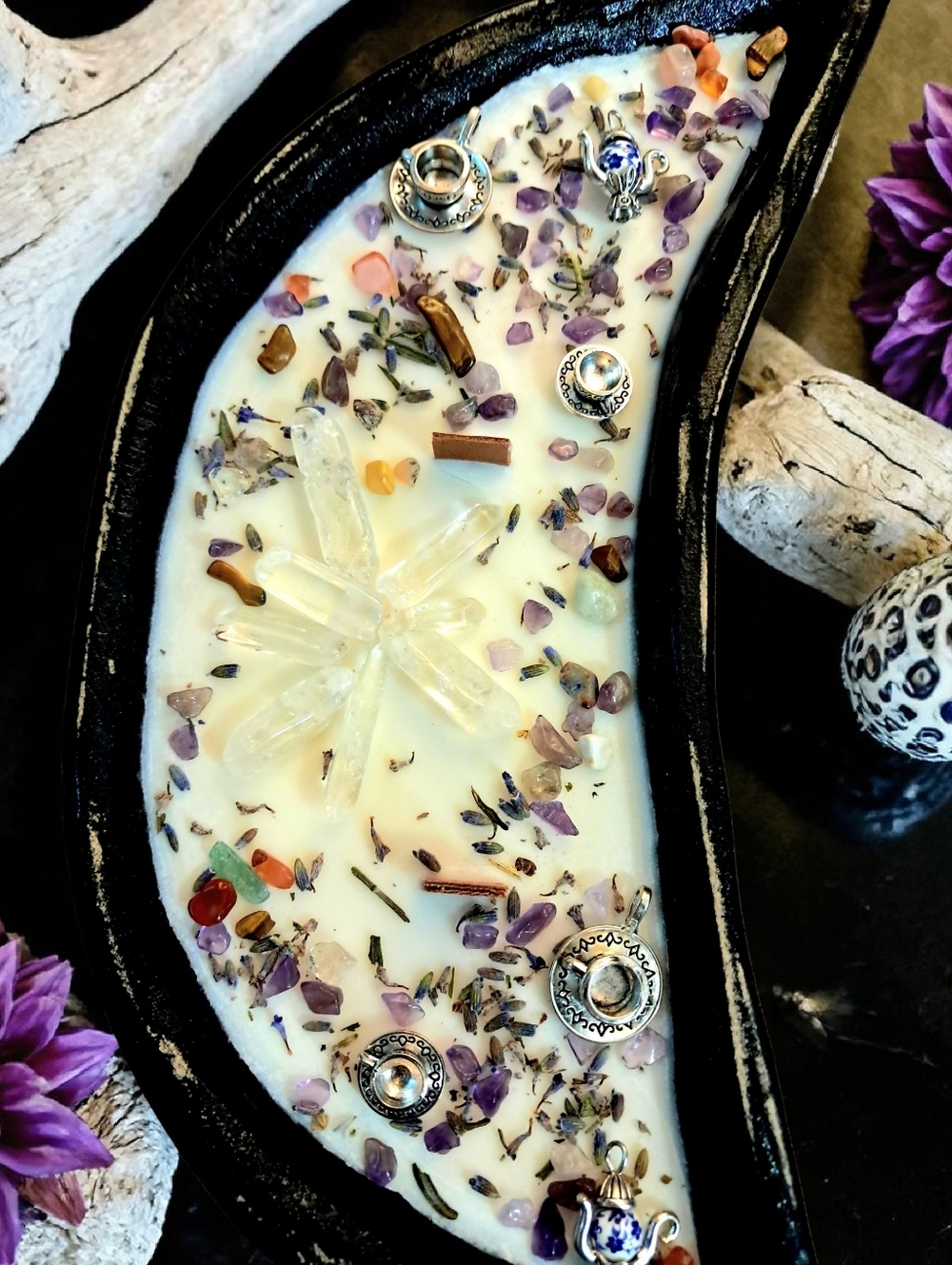 Hand Crafted , Wicked Worthy Wax, Crystal Tea Party wooden moon candle - Picture 2 of 5